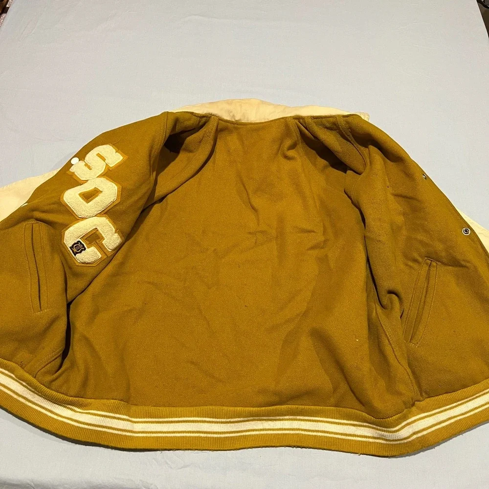 VTG 60s Mens Camel & Cream Two Tone Speedline Reversible Stadium Bomber Jacket